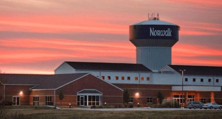 Sunset view of the Norwalk water tower in Norwalk, Iowa