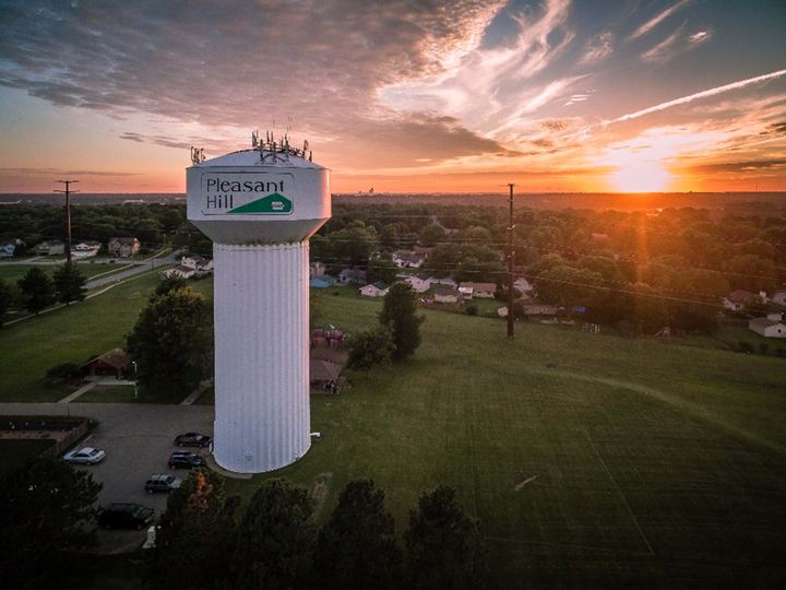 Sunset view of the Pleasant Hill water tower located near the Sunrise Pointe community.